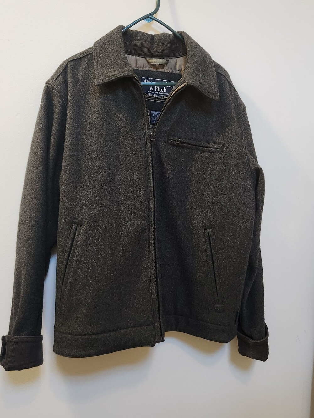 Abercrombie & Fitch Dark Charcoal Zip-Front Wool Jacket, Lined, Interior Pocket